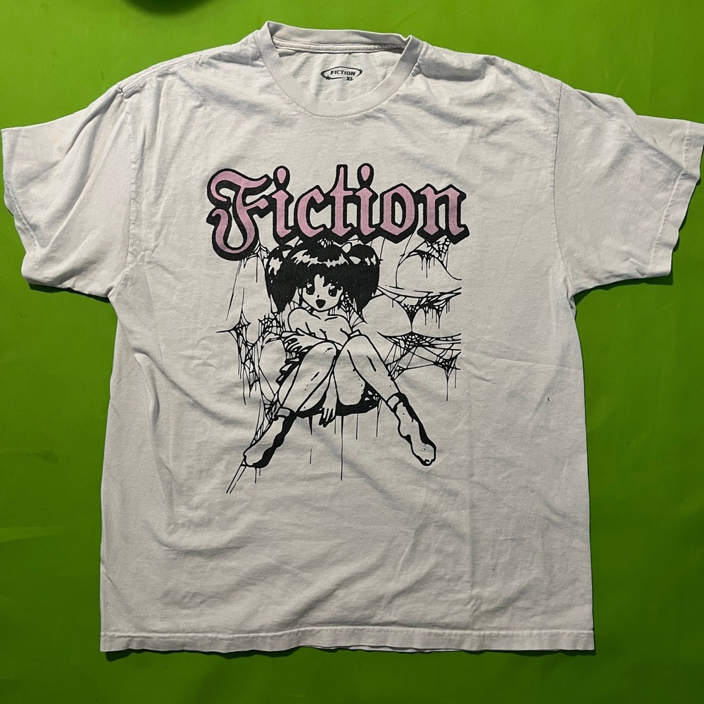 Fiction Anime Girl T-Shirt Mens XL White Pink Spiderweb Y2K Streetwear Tee